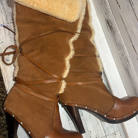 MICHAEL KORS Shearling Clog Over the Knee Boots in Chestnut Size 10 $350 MSRP - Picture 5 of 11